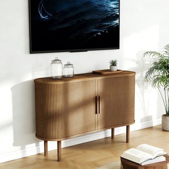1.4M Storage Sideboard with Doors, Modern Sideboard Buffet Cabinet with Storage Shelf, Walnut Coffee Bar Cabinet Console Table for Kitchen, Entryway