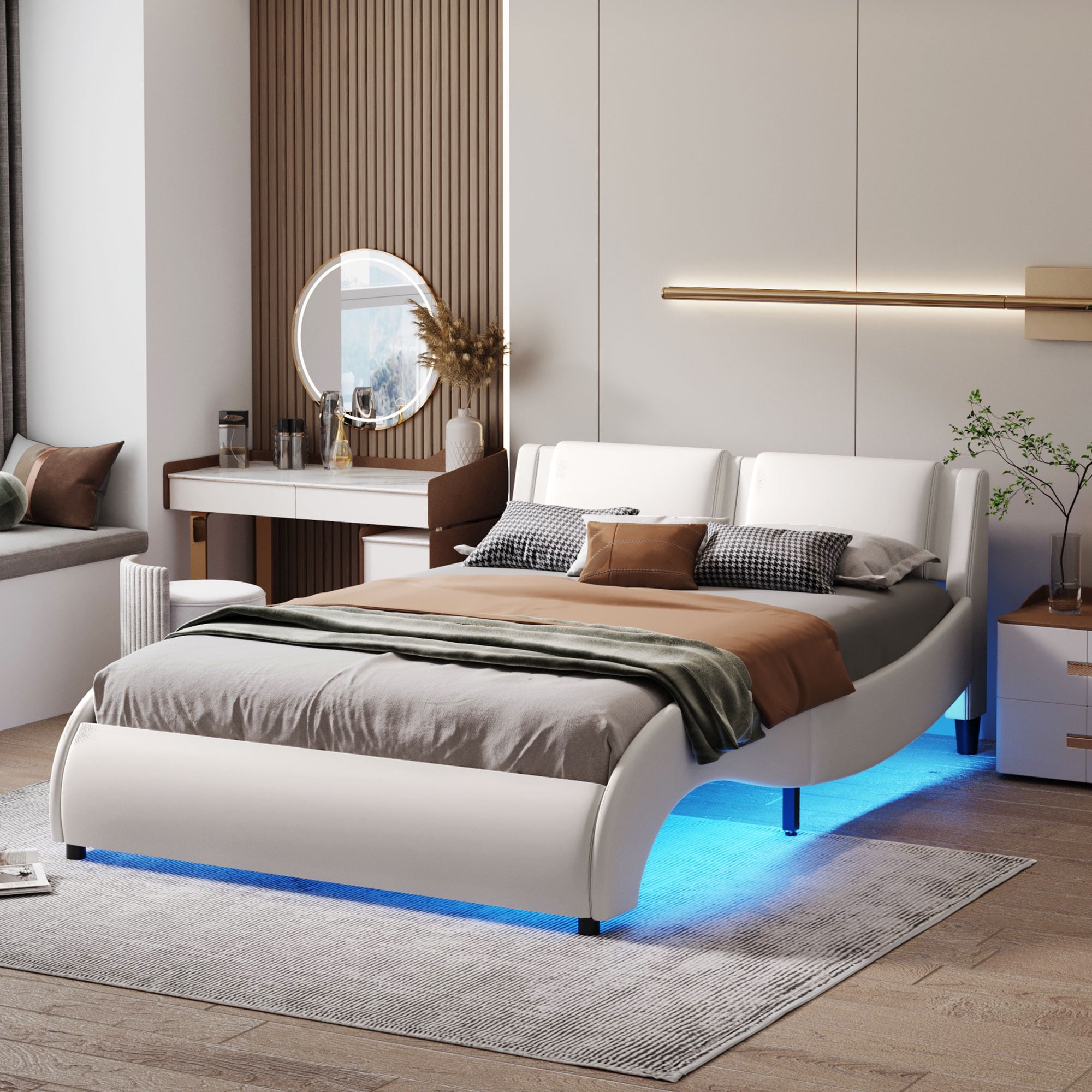 Modern Curved Faux Leather Upholstered Platform Bed Frame with LED