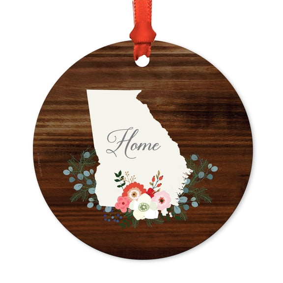 US State Round Metal Christmas Ornament, Rustic Wood with Florals Home, Georgia, Includes Ribbon and Gift Bag