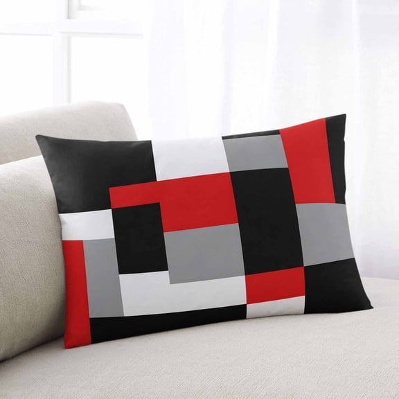 Red Black Grey Geometric Throw Pillow Cover, Pillowcase Protectors with Zipper, Breathable Decorative Lumbar Pillow Case Cover, Modern Abstract Art Luxury Pillow Shams for Couch Sofa 16x24Inch