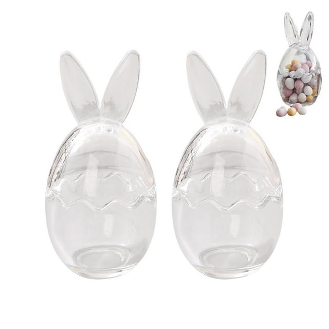 2pcs Easter Bunny Ears Glass Storage Jars, Glass Egg Cup Clear Container, Easter Decorations Table Small Candy Holder, with Removable Lids