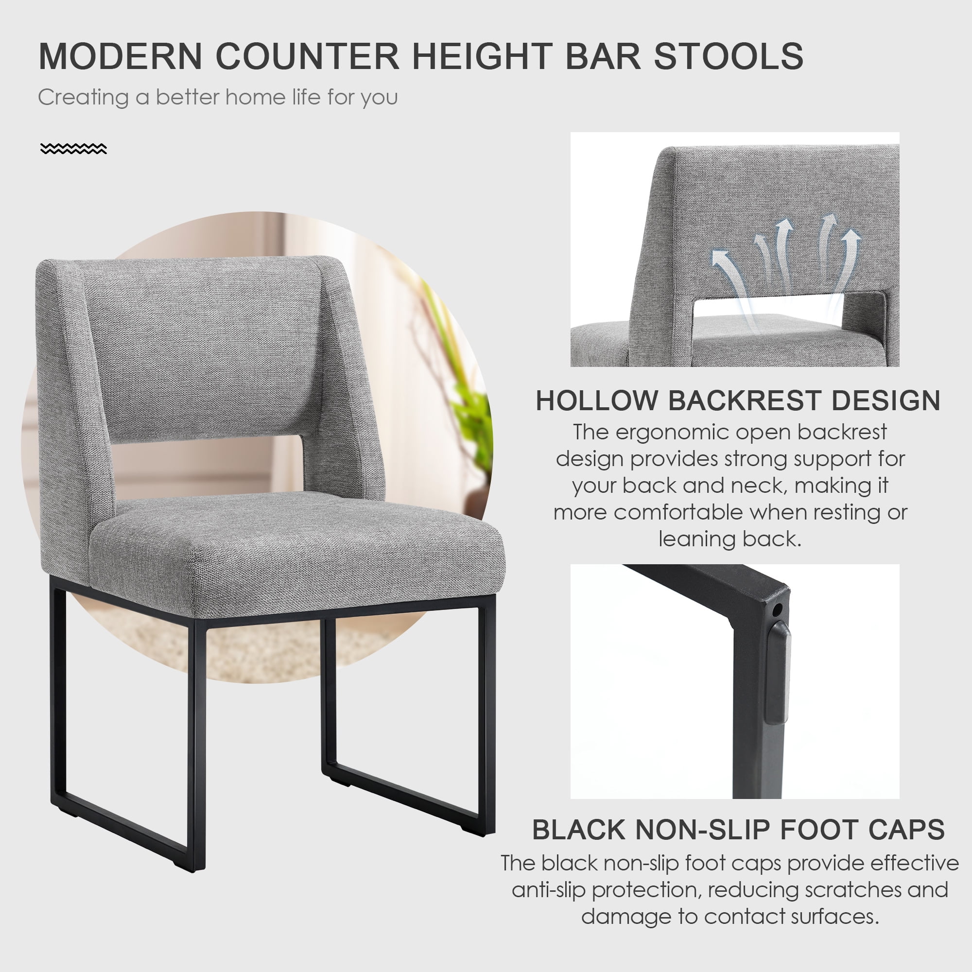 Zesthouse 18.3" Linen Dining Chairs Set of 2, Extra Thick Upholstered Side Chair with High Back and Metal Legs, Modern Armless Kitchen Chairs for Dining Room, Gray