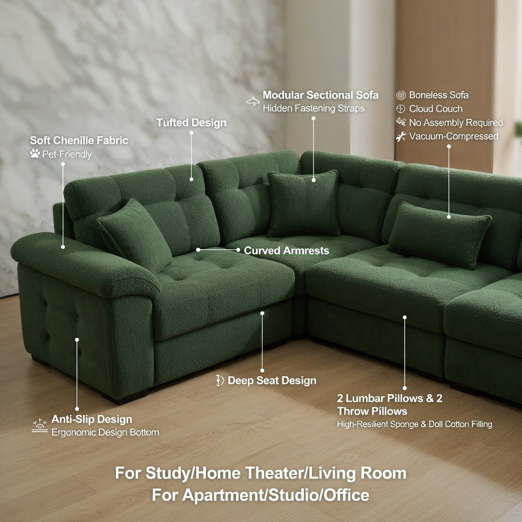 Hommoo Teddy Fleece 3-Seat Modular Sectional Sofa with Curved Backrest, Lumbar Pillows & 2 Movable Ottomans, Cloud-Like Comfort, Easy Assembly, Green