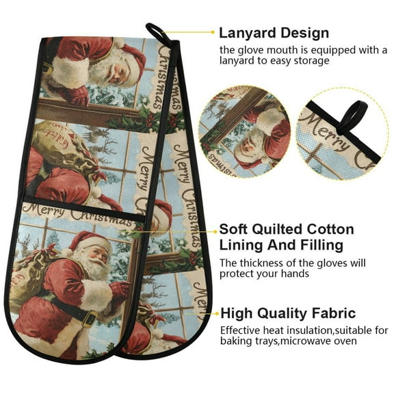 BZSMCE Oven Mitts Vintage Christmas Painting Creative Pattern Resistant Kitchen Gloves
