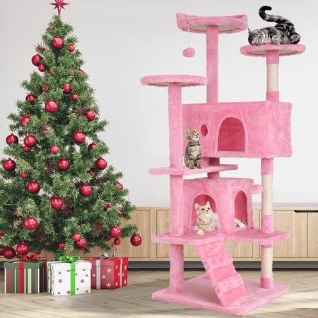 54 inch Cat Trees and Towers for Indoor Cats, Cat Condo Scratching Post for Adult Cats, Multi-Level Cat Towers for Small Cats, Pink