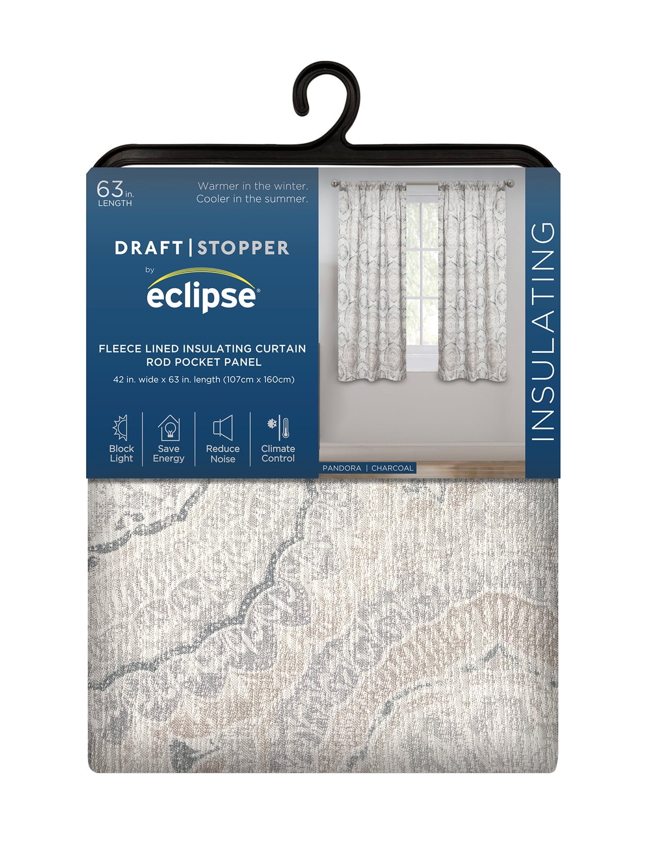 Eclipse Draft Stopper Room Darkening Fleece Lined Rod Pocket, Single Curtain Panel, Charcoal Medallion, 42" W x 63" L