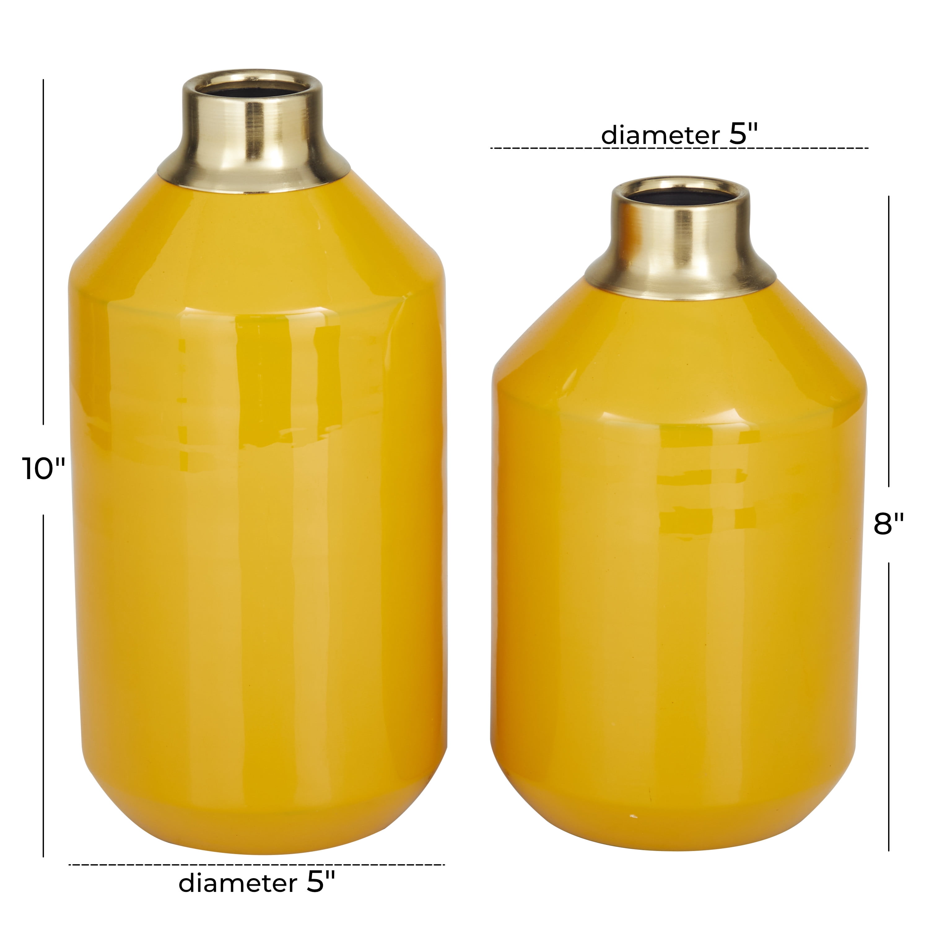 DecMode 10", 8"H Yellow Metal Vase with Gold Rims, Set of 2