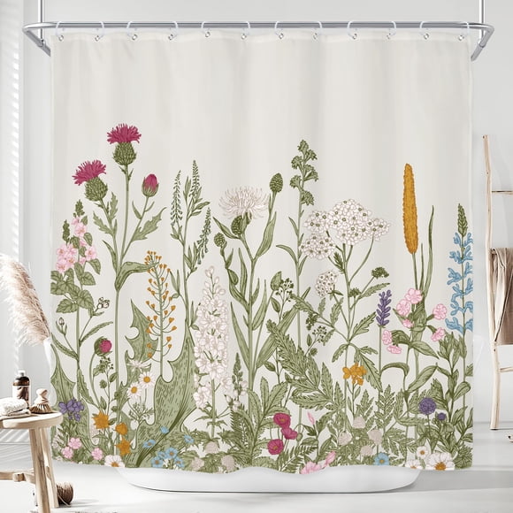 Riyidecor Cortina de ducha botánica de flores silvestres para decoración de baño, 72.0 x 72.0 in, flores florales, plantas, hierbas, hojas verdes salvia, juego decorativo de baño, accesorios de tela i
