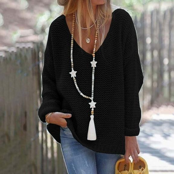 Fnooota Womens Sweaters, Lightweight Knit Long Sleeve V Neck Pullover Tops Black Size XL