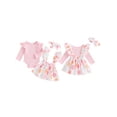 thumbnail image 3 of Aojekbee Baby Girls Fall Outfits Long Sleeve Ribbed Romper + Bow Suspender Skirt + Headband Set Newborn Clothes, 3 of 10