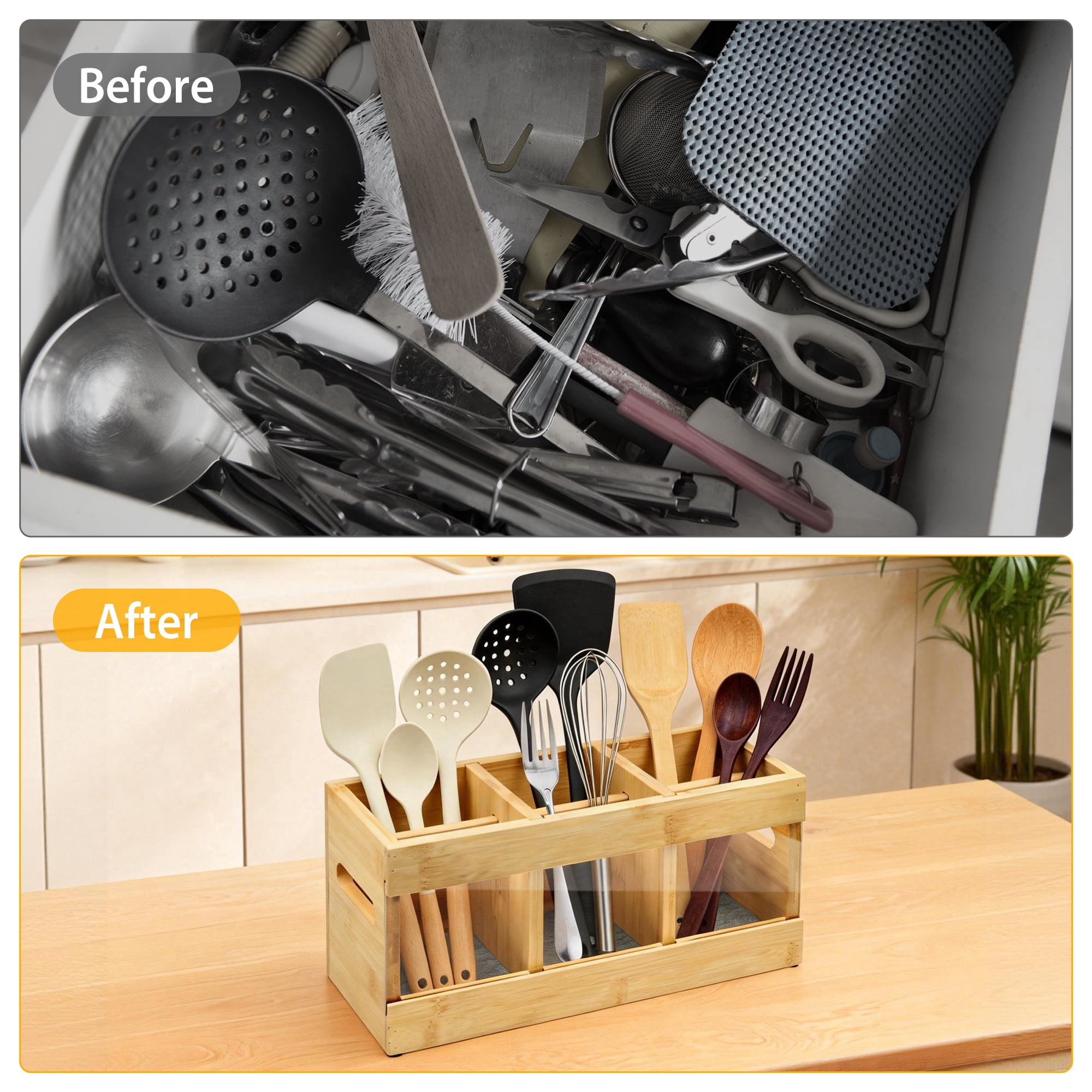 Sentryse Kitchen Utensil Holder with 6 Compartments, Wooden Utensil Holder for Kitchen Counter, Cooking Utensils Organizer with Quick Dry Diatomite Base, Acacia Rustic Wood, Small Size