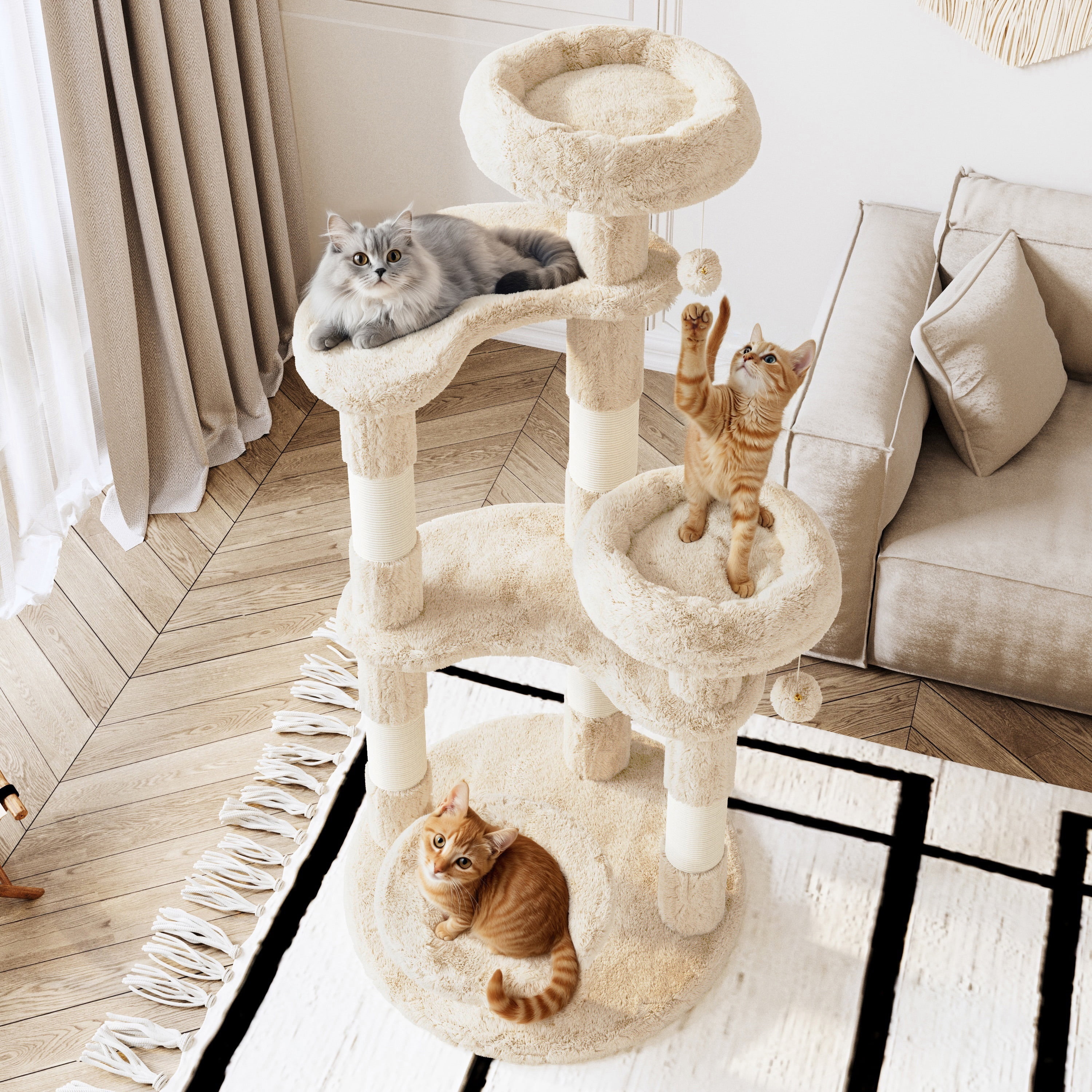Amolife 55.5" Large Cat Tree and Tower with 5 Scratching Posts, Cat Perches for Indoor Cats and Kittens, Beige