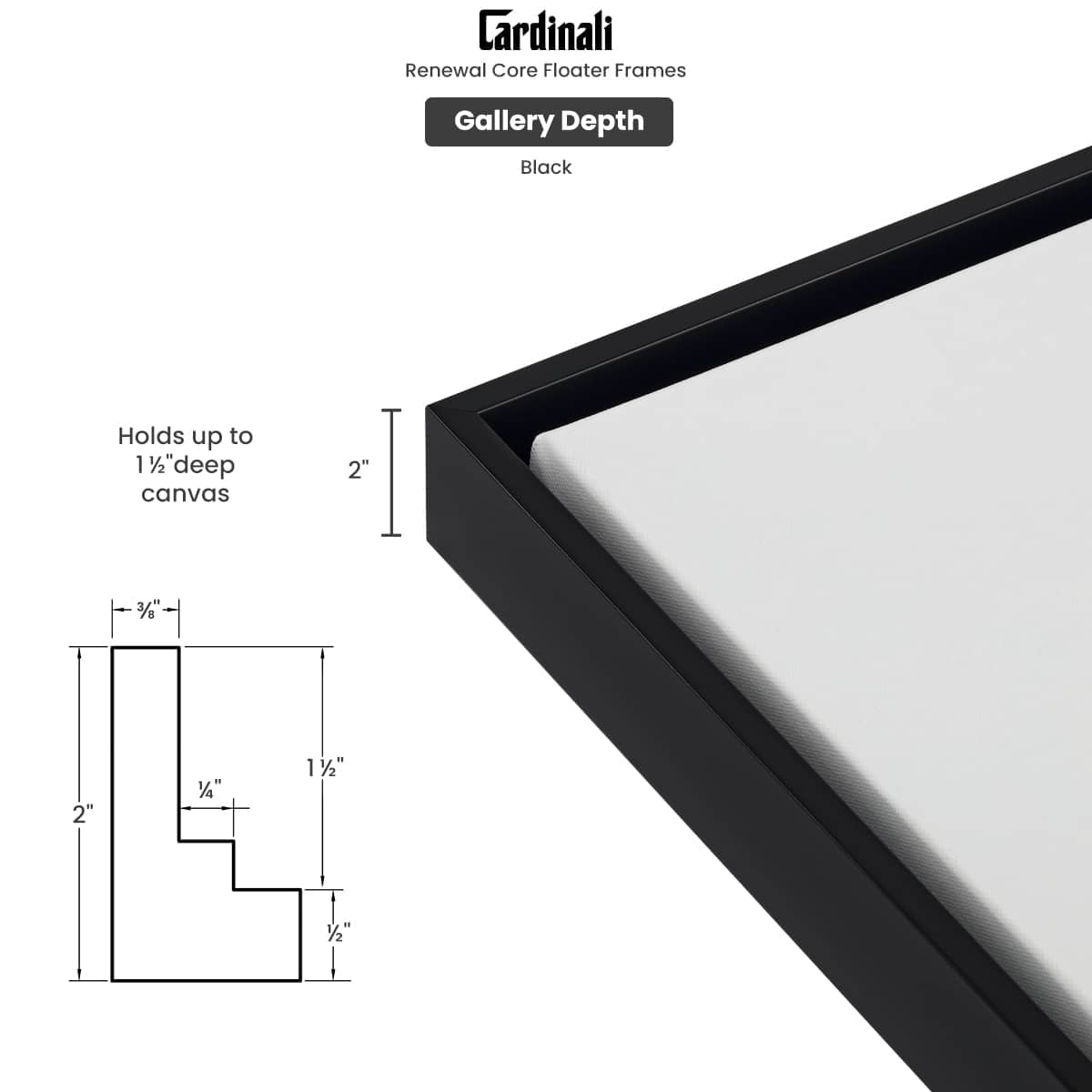 Cardinali Renewal Core Floater Frame, Black, 18X24", For 1-1/2" Deep Canvas, 4 Pack - Open Back Floating Canvas Frames, No Glass or Backing, Hardware Included