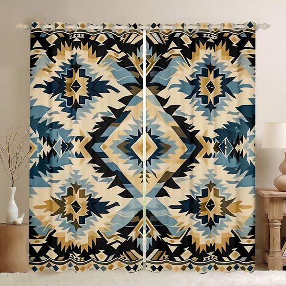 Manfei Western Tribal Curtains Pack of 2 (42x84 Each),Rustic Aztec Curtains Blackout,Beige Blue Black Bedroom Curtains For Girls Boys,Microfiber Bedroom Decor