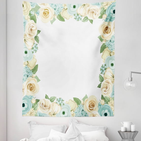 Shabby Flora Tapestry, Flowers Roses Leaves Buds Romantic Love Themed Frame Art Print, Fabric Wall Hanging Decor for Bedroom Living Room Dorm, 5 Sizes, Blue Green and Cream, by Ambesonne