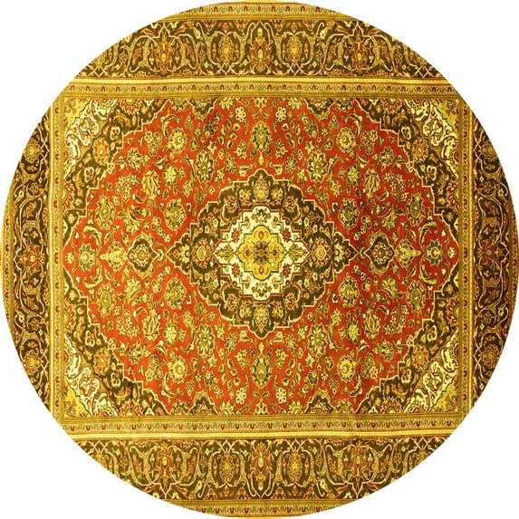 Ahgly Company Machine Washable Indoor Round Medallion Yellow Traditional Area Rugs, 7' Round