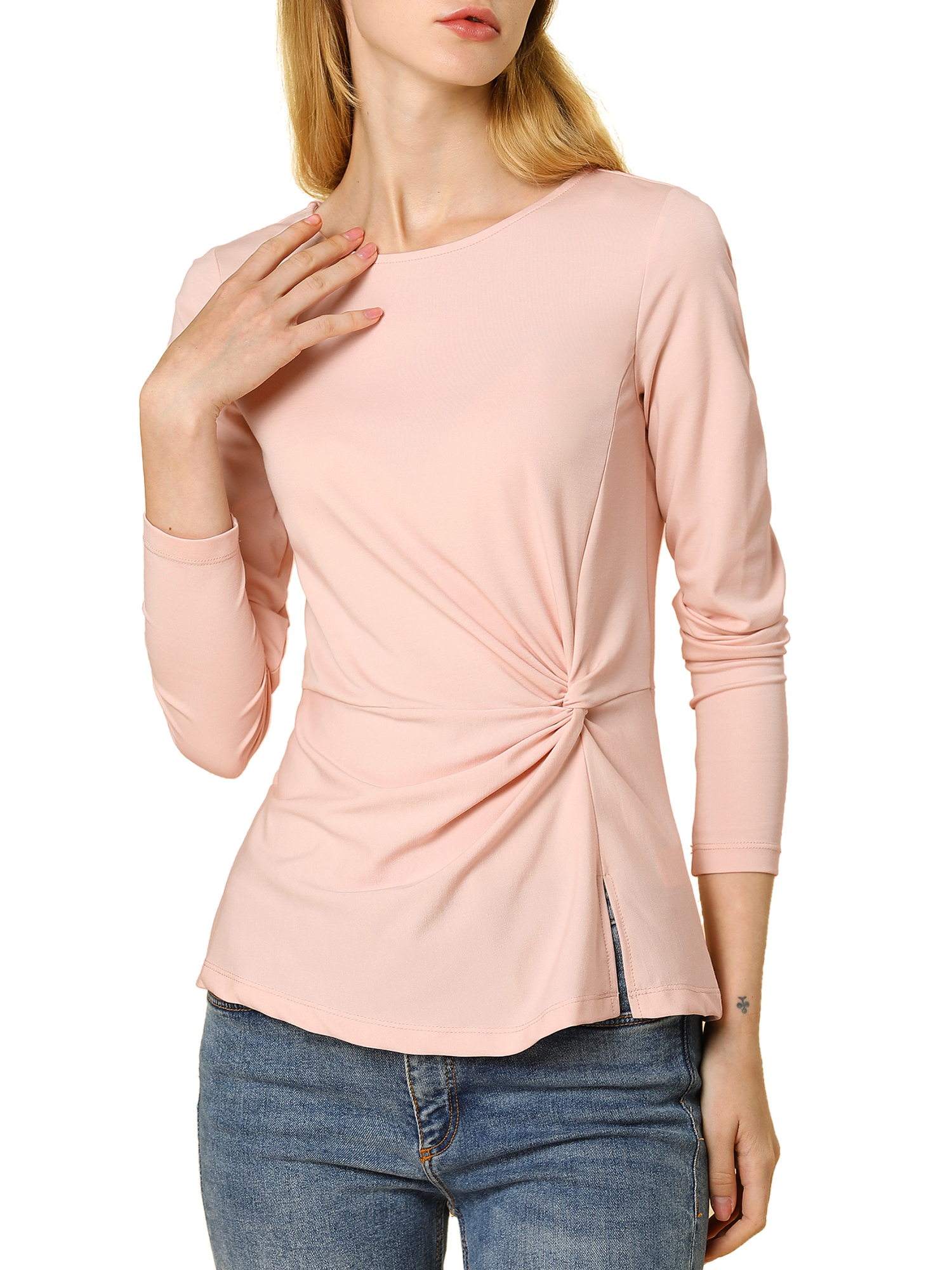 MODA NOVA Junior's Round Neck Tops Long Sleeve Blouse Shirt Pink M - image 5 of 6