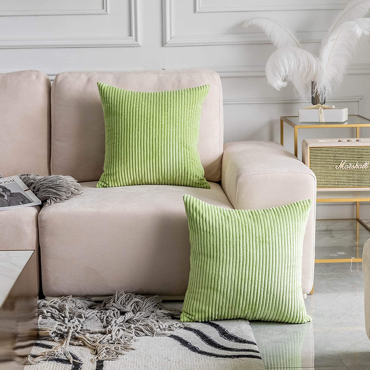 Attoe Throw Pillow Covers Striped Velvet Cushion Covers For Chair Couch Decorative Pillowcase Sage Set Of 2 Apple Green 16x16 Inches 40cm