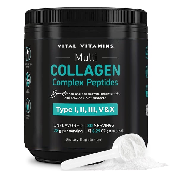 Vital Vitamins Multi Collagen Peptides Powder - Unflavored, Easy to Dissolve, Type I, II, III, V, X