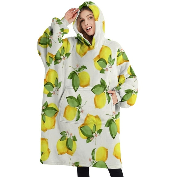 Oversized Wearable Blanket Hoodie,Yellow Lemon Fruit Flowers White Pattern Sherpa Blanket Hoodie with Super Pockets,Super Warm Fuzzy Pullover for Women & Men
