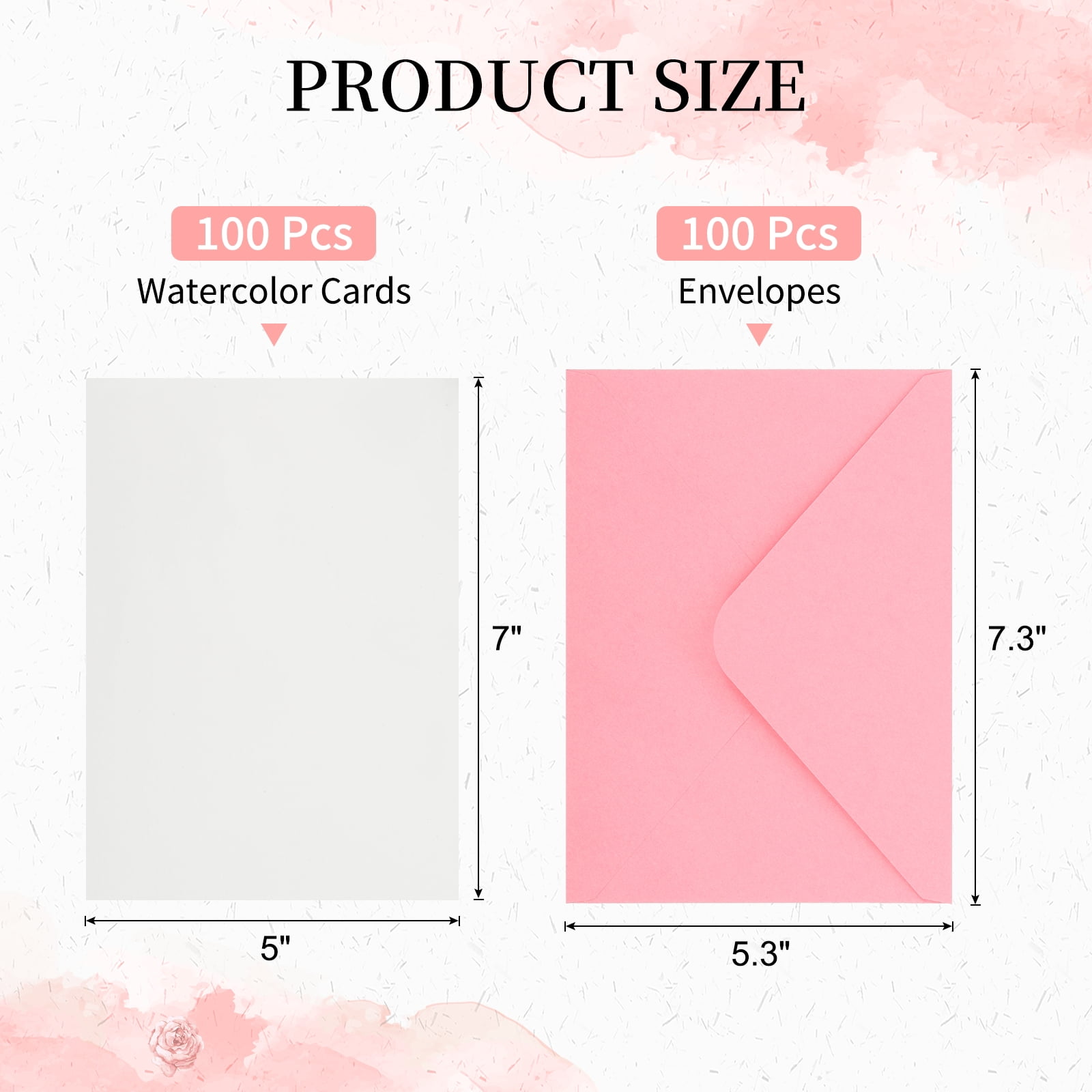 5x7 Inch Pure Cotton Watercolor Cards, 100 Sets Postcards with Envelopes 92lb/250 GSM for Art Painting Creative Thank Notes, Pink