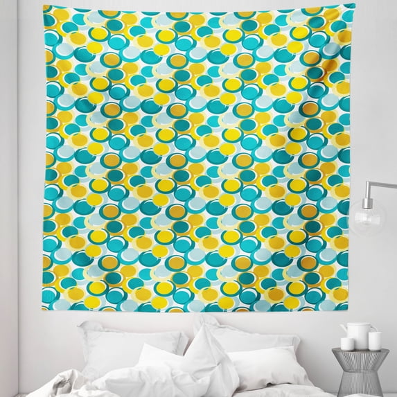 Geometric Tapestry, Aqua and Earth Tones Nested Circles and Dots Interlacing Shapes Repeating Pattern, Fabric Wall Hanging Decor for Bedroom Living Room Dorm, 5 Sizes, Multicolor, by Ambesonne