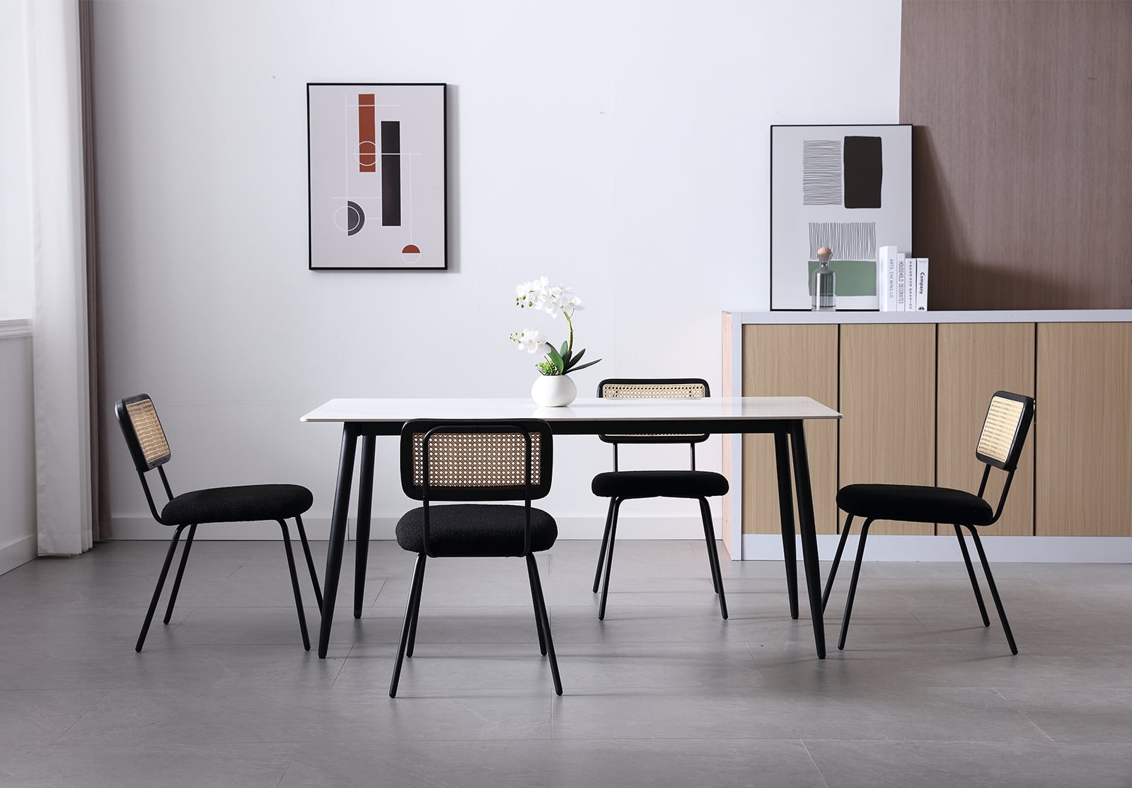 Dayalane Rattan Dining Chairs Set of 4, Sherpa Upholstered Kitchen Chairs with Cane Back, Mid-Century Modern Armless Dining Side Chairs with Metal Legs for Dining Room Living Room Restaurant, Black