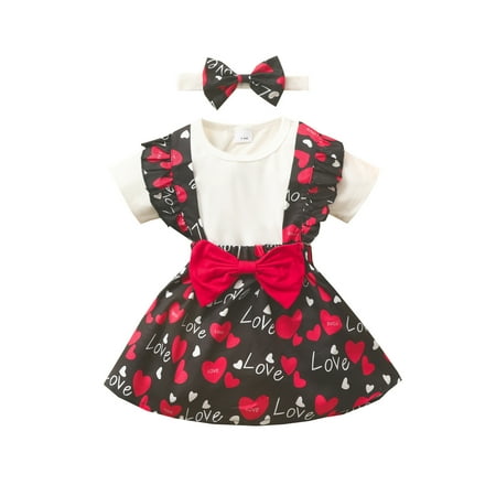

Rovga Kids Girls Toddler Love Prints Bwknot Dress Solid Romper Tulle Princess Girls Dress Hairband Cloths Set Cute Casual Dress