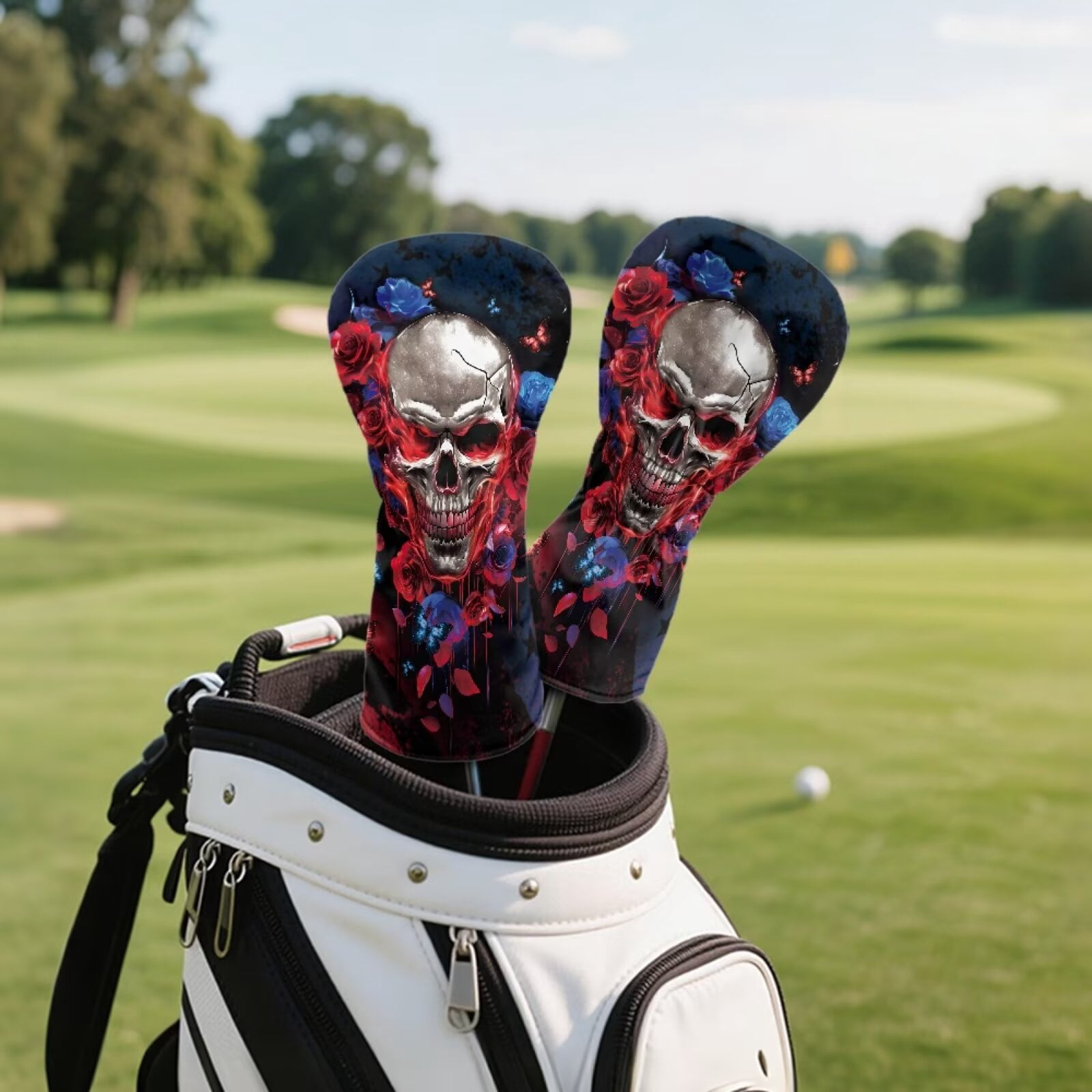 Uorisanigo Golf Headcovers Set Accessories, 3pcs Blue Butterfly Rose Skull Golf Club Head Covers - Golfs Driver Headcover, Fairway Wood Cover, Hybrid Cover - Headcovers for Club Protective