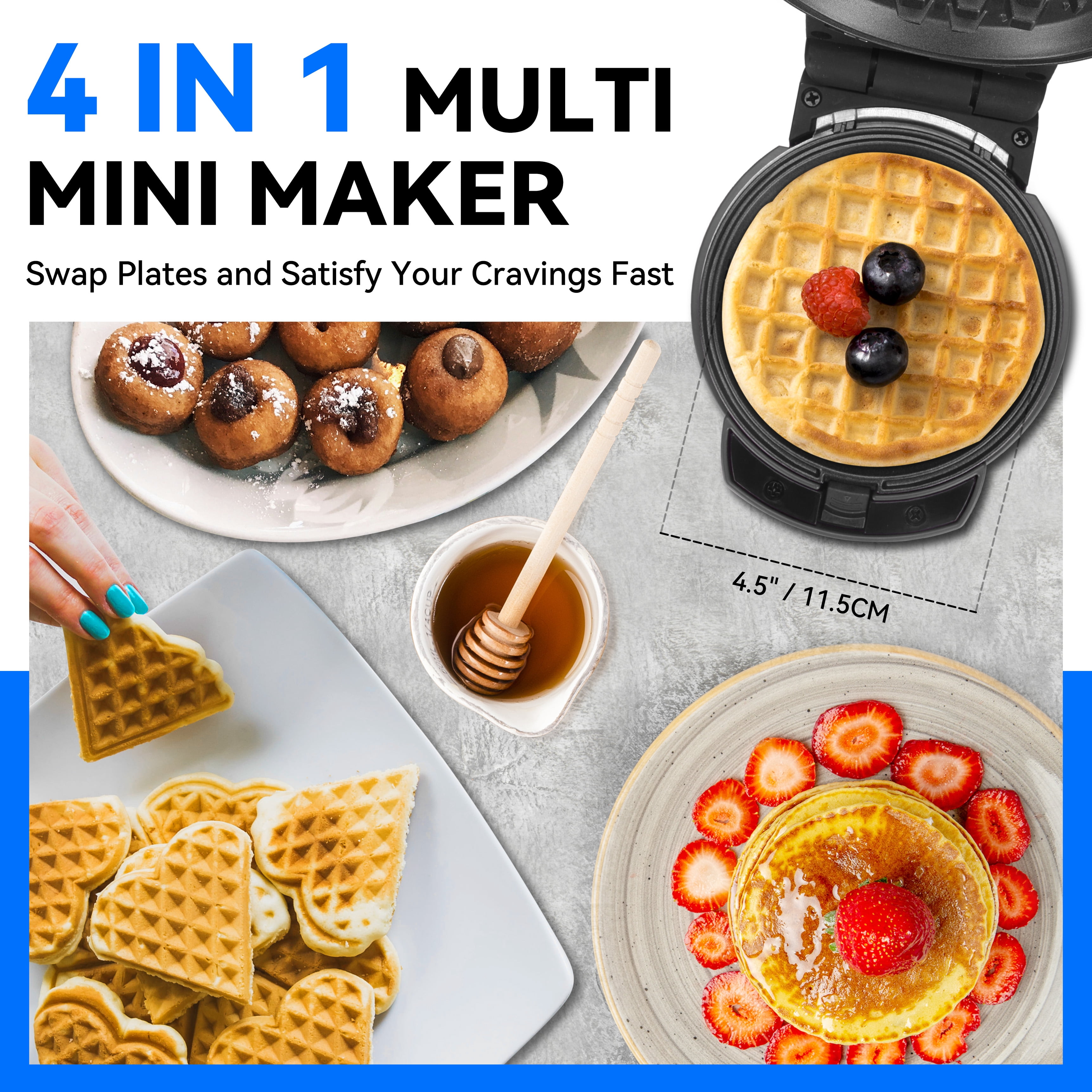 Mailand Countertop 4 in 1 Waffle Maker, Mini Pancakes, Mini Donuts, Mini Heart Shape Waffle, Removable Plates, Graphite