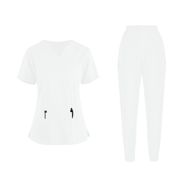 Pantalones Elásticos de la Cintura de las Mujeres de Color Sólido V-Cuello de Bolsillo con los Pantalones Largos de Fijación de Pies, Ropa de Enfermera de Limpieza en Seco