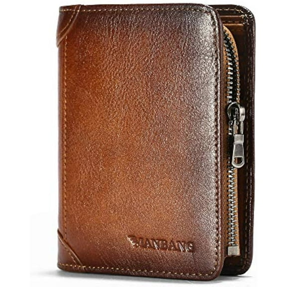 MANBANG Men's Wallet Zipper Genuine Leather RFID Blocking Bifold Card Holder with Coin Pocket