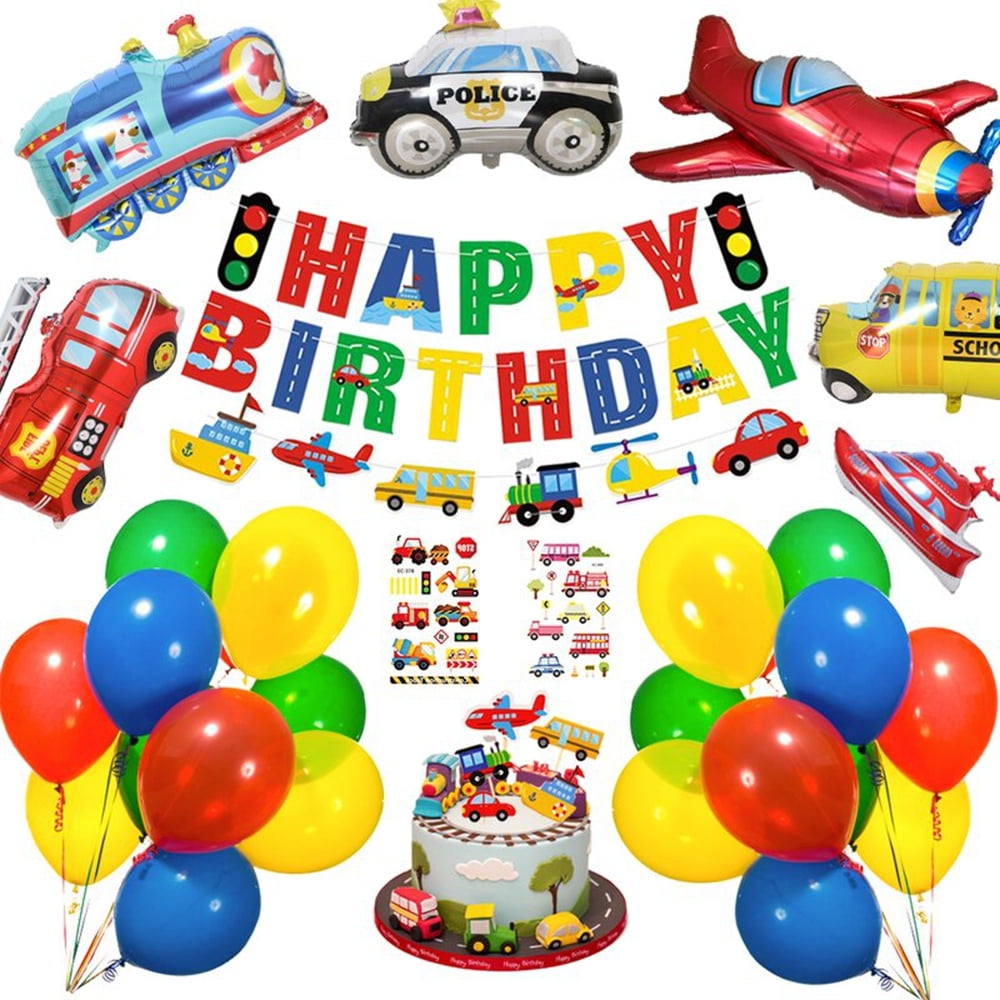 SPECOOL Construction Birthday Party Supply, Transport Vehicle Theme Decoration for Baby Shower, Red Green Yellow Blue Balloon Garland Arch Kit Car Truck Plane Train Police School Bus Foil Balloons