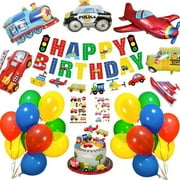 SPECOOL Construction Birthday Party Supply, Transport Vehicle Theme Decoration for Baby Shower, Red Green Yellow Blue Balloon Garland Arch Kit Car Truck Plane Train Police School Bus Foil Balloons