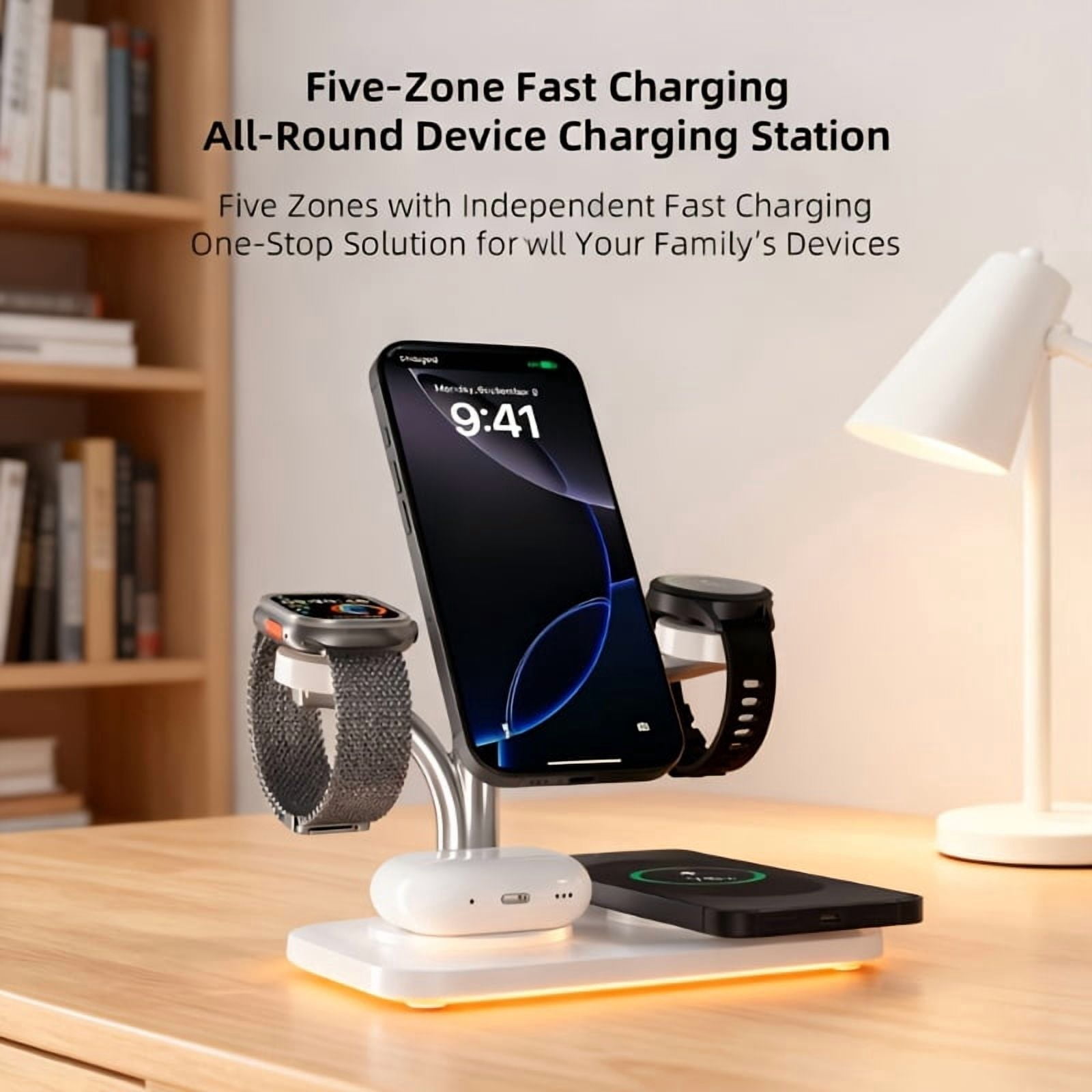 5-in-1 Magnetic Wireless Charging Stand for iPhone 17/16/15, Apple Watch Series 9/8/7, AirPods 3/2 with Night Light & USB Output