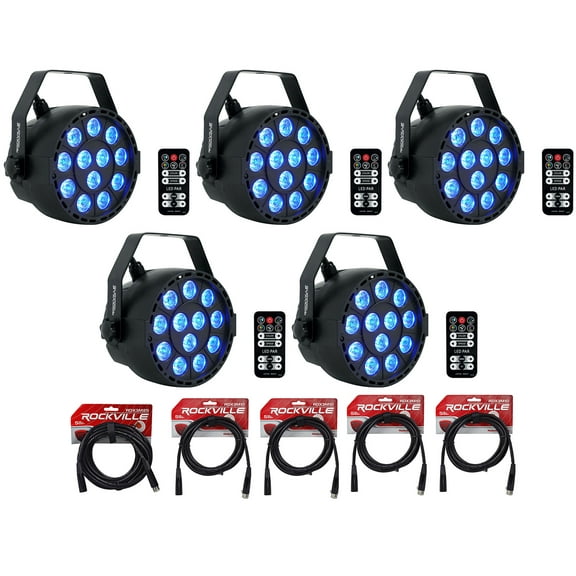 5 Rockville RockPAR TRI LED RGB Par Cans DJ Black DMX Wash Lights Remotes Cables