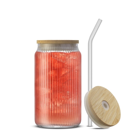 Fluted Glass Tumblers with Bamboo Lids and Straws - 16 oz - Set of 4