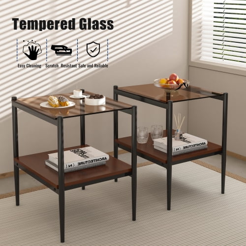 MOONMISS 2 Pack Rectangle End Table, Tempered Glass Top Side Table with MDF Frame, Modern Transparent Glass Accent Table for Living Room, Bedroom, Home Decor, Brown/Black