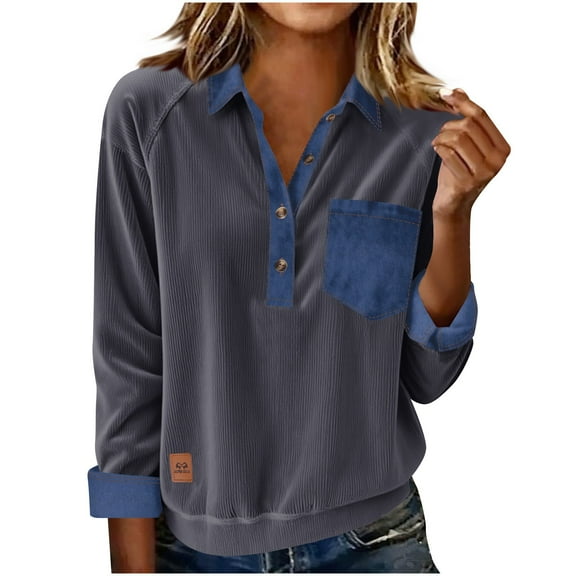 Wensltd Turndown Collar Sweatshirt Women Long Sleeve Solid Color Denim Patchwork Loose Fit Trendy Pullover Spring Fall Fashion Top