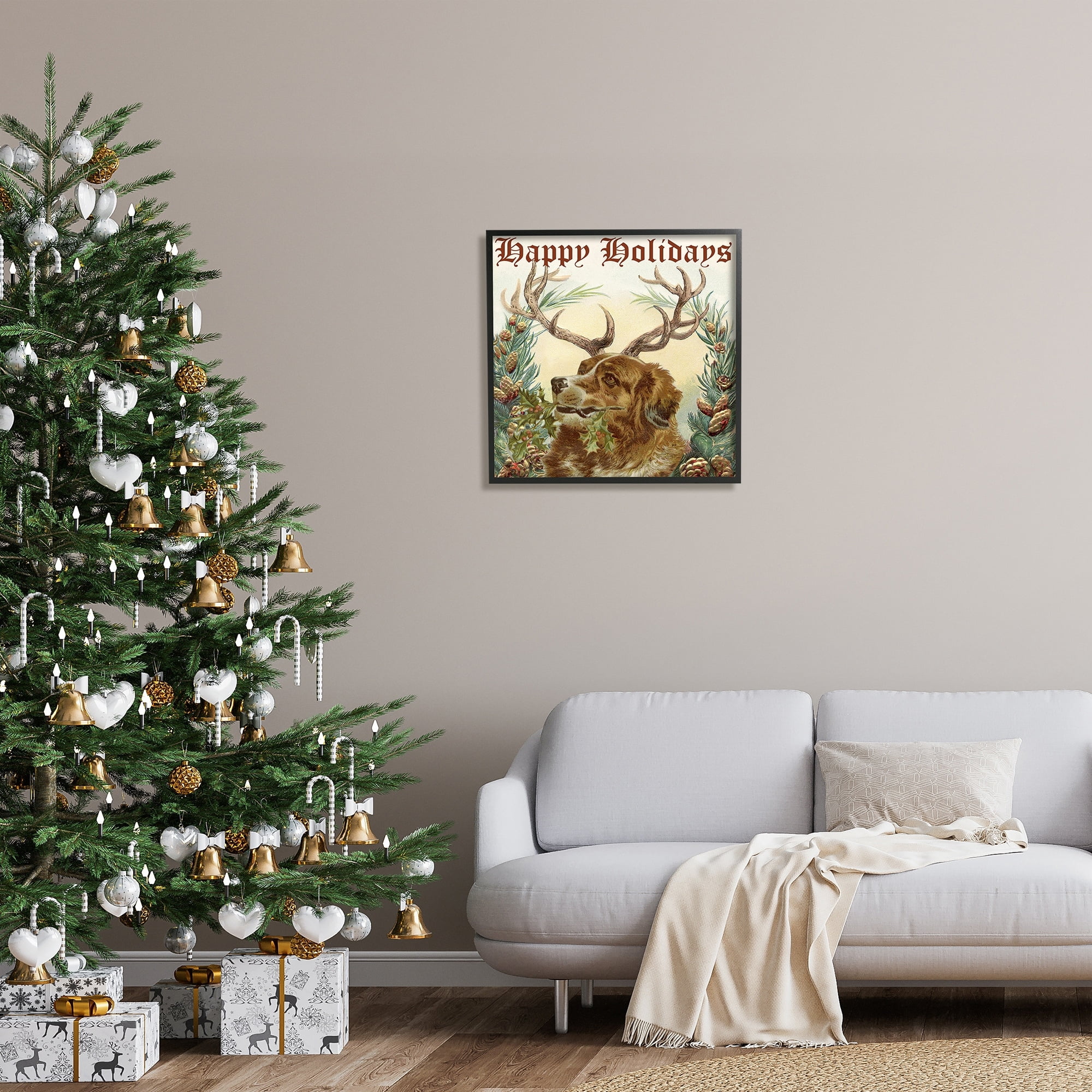 Stupell Industries Dog Wearing Antlers Seasonal Holiday Botanicals Graphic Art Black Framed Art Print Wall Art, Design by Alicia Longley