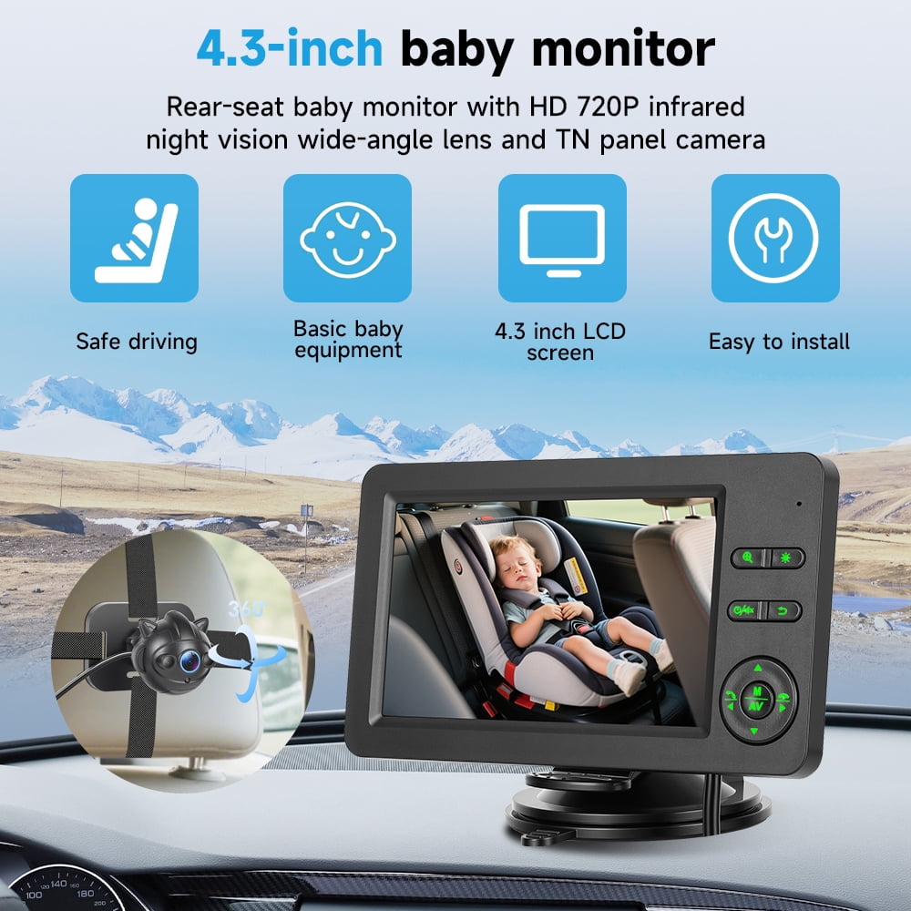 Podofo 4.3 inch Rear Seat Baby Monitor with HD 720P Infrared Night Vision Wide-Angle Lens TN Screen Camera with Bluetooth Music