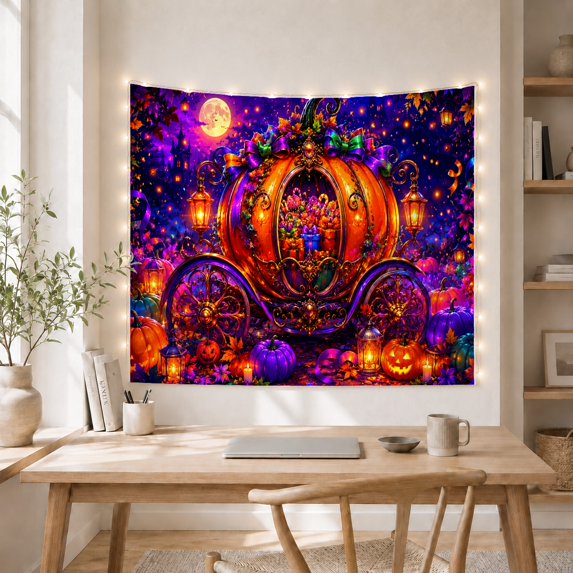 Highly Ornate Pumpkin With Carriage As Rich Colors, Mystical Fantasy for Space Lovers, Galaxy Room Decor, Halloween Gift, Tapestry Wall Hanging for Bedroom and Dorm