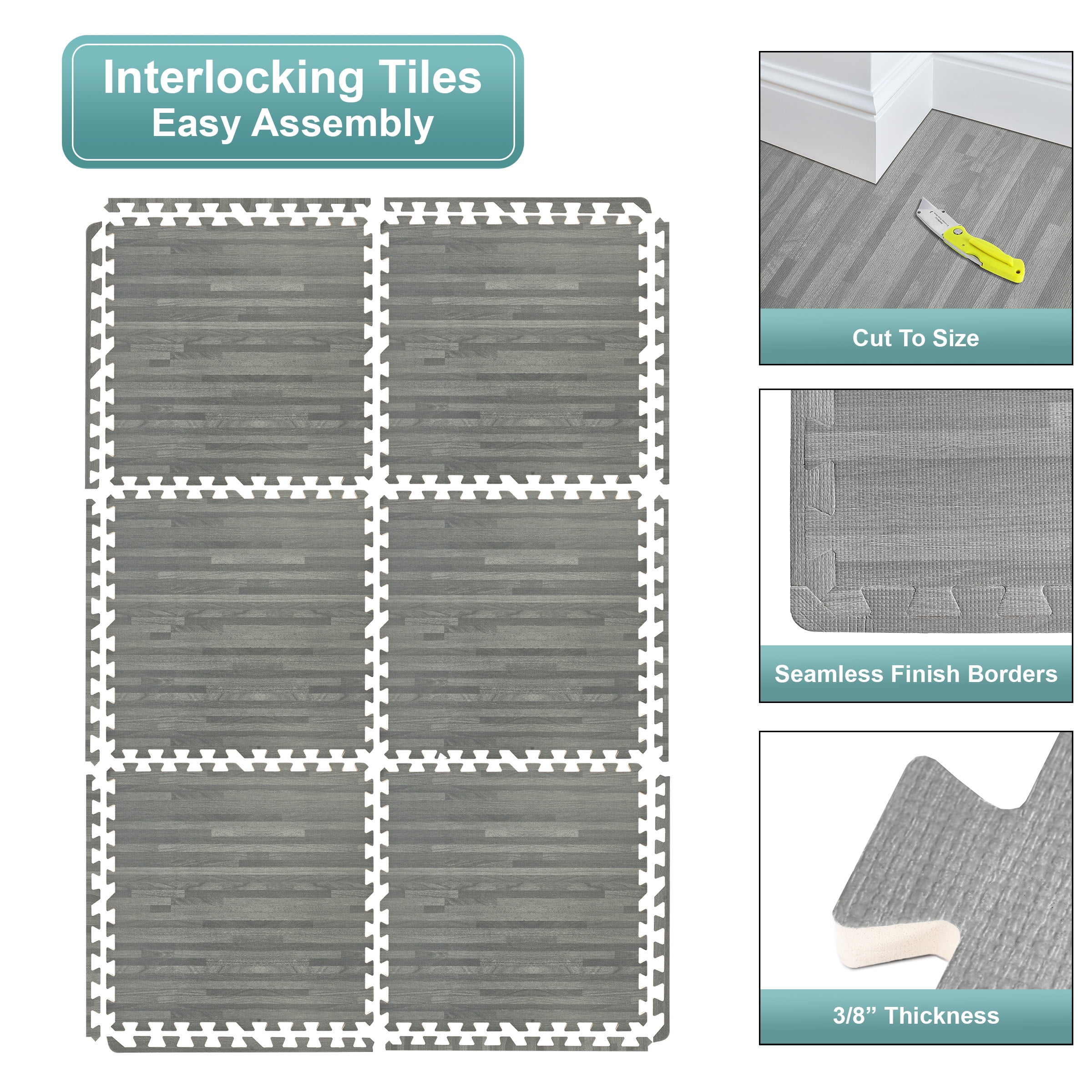 Sorbus 96 Sq. Ft. Wood Grain Floor Tiles Foam Mat EVA Interlocking Mats Tile 3/8-Inch Thick Flooring Wood Puzzle Exercise Mats w/Borders - Home Playroom Basement, Apartment, Trade Show, Baby, Dance