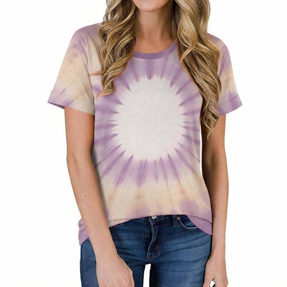 PNTUTB Summer Women's Casual Fashion Tie Dye Gradient Crew Neck Pullover Short Sleeve Loose Comfortable Tops