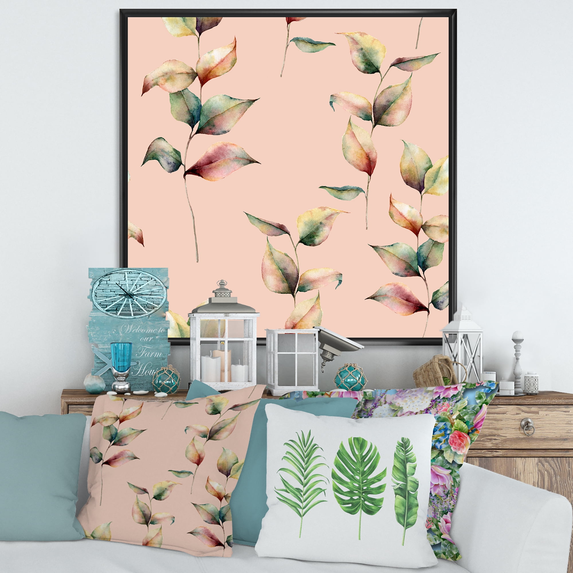 Autumn Pink Leaves with Branch On Pastel Colors 16 in x 16 in Framed Painting Canvas Art Print, by Designart