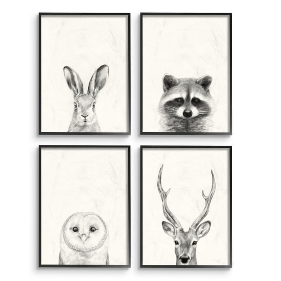 Stupell Industries Woodland Animals Portrait Grey Drawing Design Graphic Art Black Framed Art Print Wall Art Set of 4, 16x20, by Victoria Borges