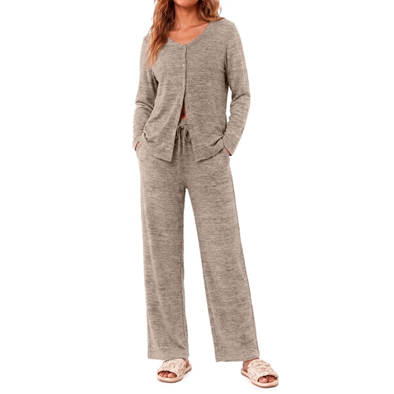 Weekease Two Piece Pajama Sets for Women V Neck Button up Tops Drawstring Pants Casual Lounge Set with Pockets