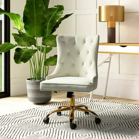 UPC: 0784140785675 | Home Office Computer Desk Chair Velvet Tufted Wingback Upholstered Task Rolling Chairs Swivel Adjustable Nailhead White Ivory