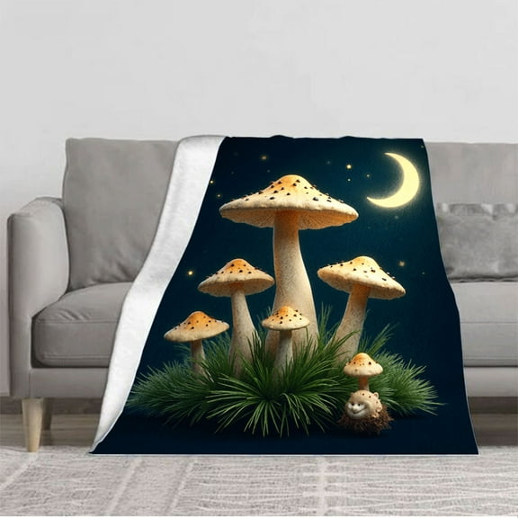 Cozy Flannel Blanket with Whimsical Mushroom Design - Soft Warm Perfect for Sofa Travel Bed or Chair - Enchanting Nighttime Scene
