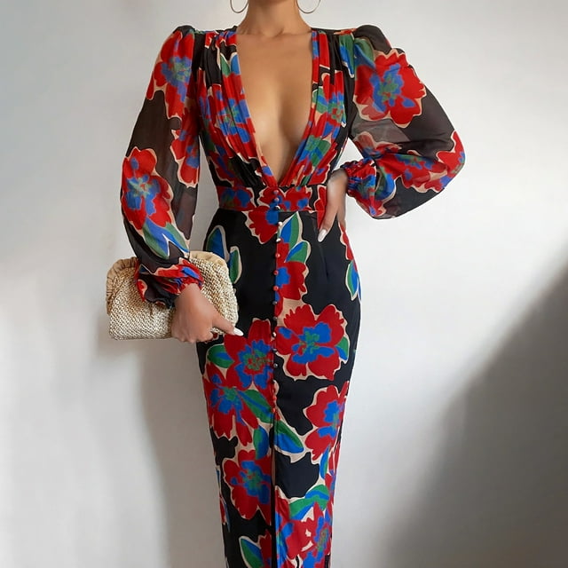 FcBaudy Robe à Manches Longues à Col en V, Robes d'Été pour Femmes, Robes pour Femmes Mode Femmes Imprimé Décontracté Col en V Manches Longues Robe de Vacances Robe Femme